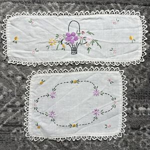 2 Vintage Matching Embroidered Doilies Dresser Scarves Flowers Lace Edge Doily